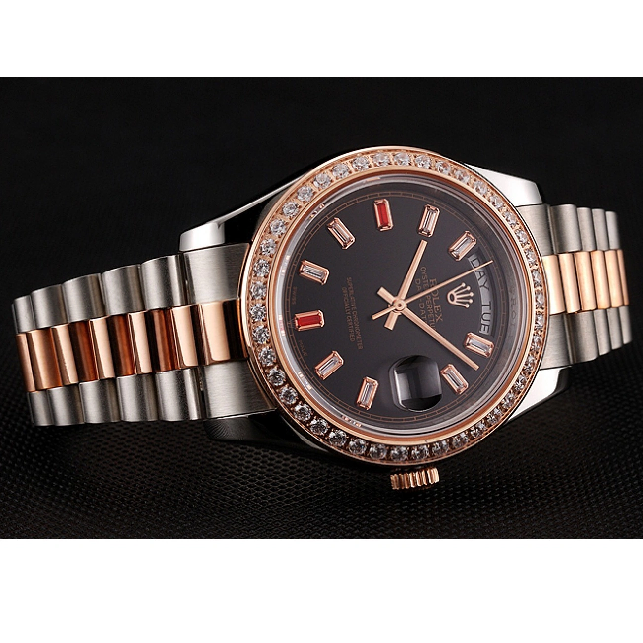 Aaa fake watches Rolex Bracelet Swiss Staineless Dial Rose Black Diamonds Rubies Steel And 1454106 Gold Day-Date And 1029